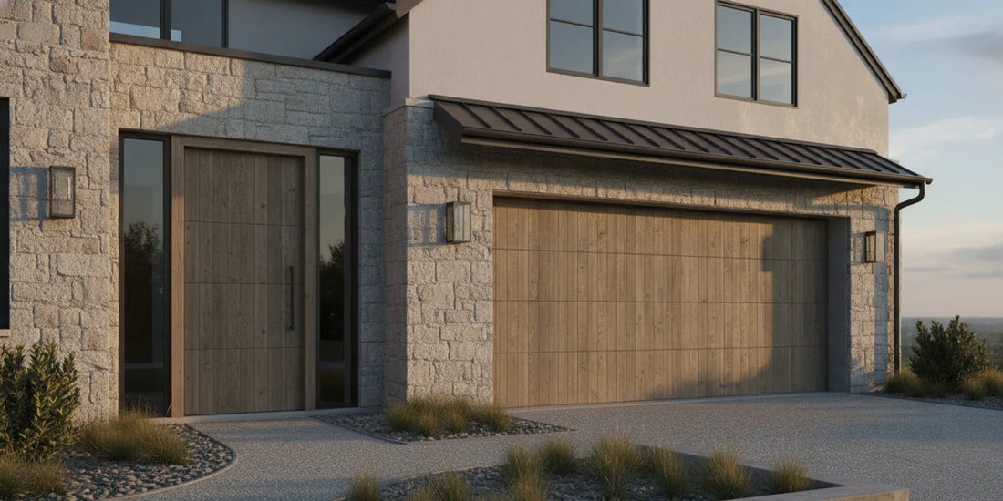 Custom wood garage door paired with a matching entry door on a farmhouse-style home