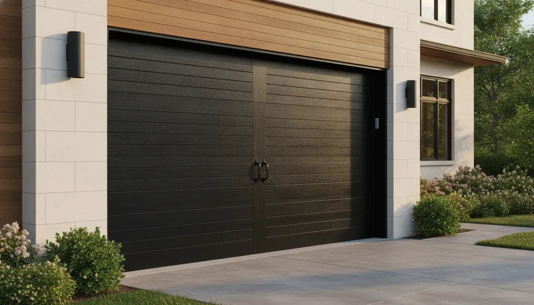 Black wood garage doors with visible grain on a modern home
