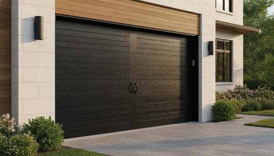 Black wood garage doors with visible grain on a modern home