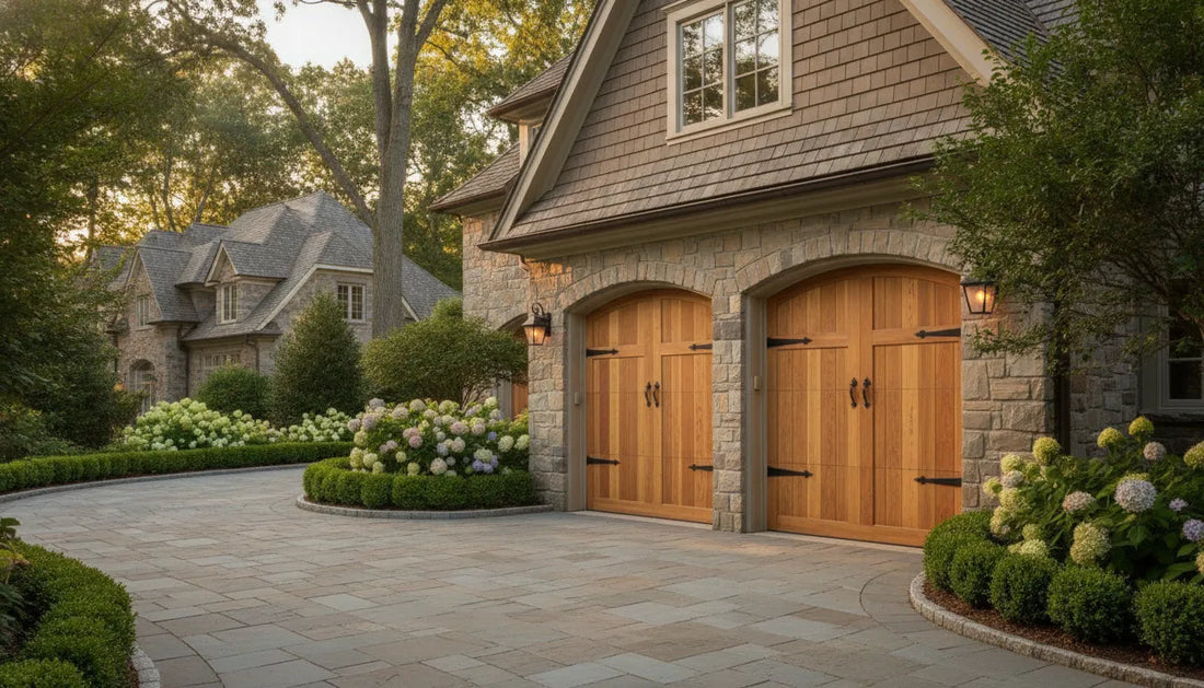 Custom wooden carriage house garage door on an upscale home
