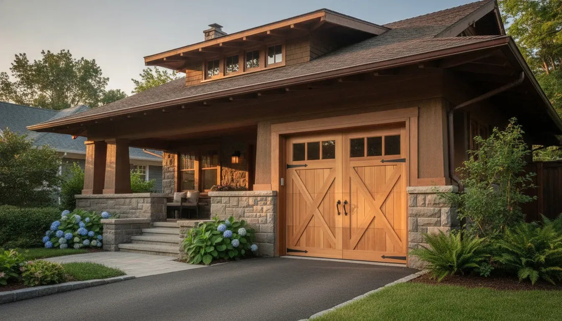 Custom wood carriage house garage doors on a Craftsman-style home