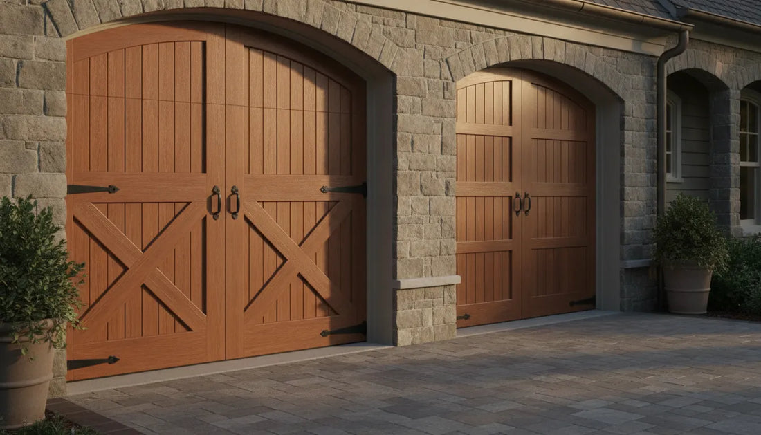 Custom wood carriage house and traditional garage door styles on a home