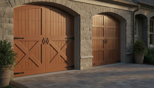 Custom wood carriage house and traditional garage door styles on a home