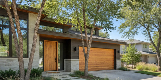 A custom cedar garage door and matching wood entry door on a welcoming home exterior