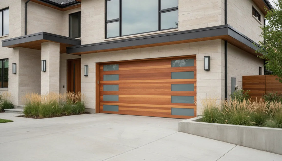 Custom wood contemporary vs modern garage doors on a clean-lined home