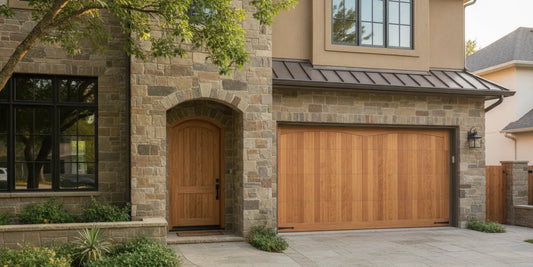 A custom wood entry door coordinated with a matching wood garage door on a finished home exterior