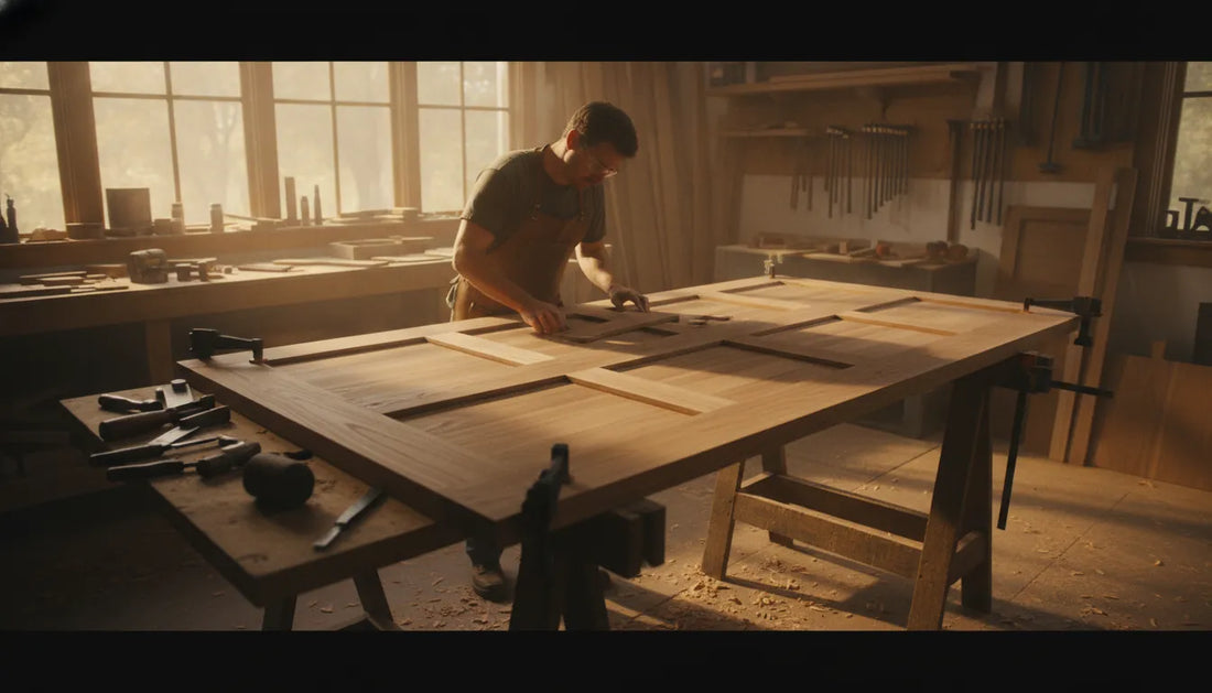 Craftsman assembling a custom wood garage door in a North Carolina workshop
