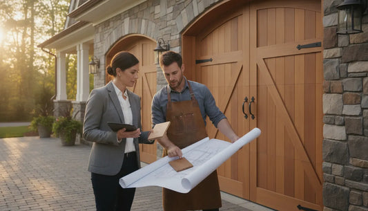 Hand-built custom wood garage door on a residential project