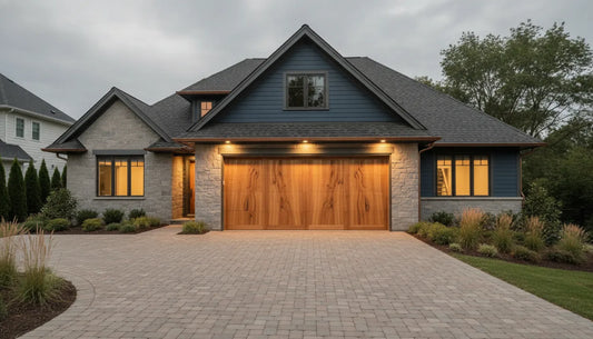 Custom wood garage door coordinated with a new home exterior