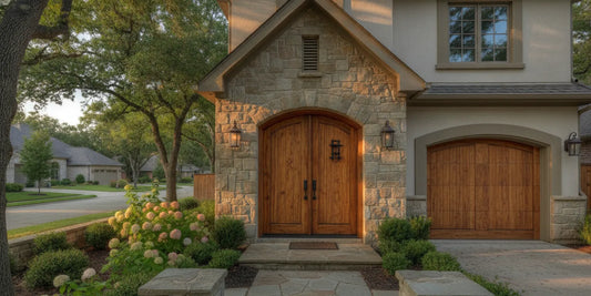 A pair of custom wood entry doors beside a matching wood garage door on a traditional home.