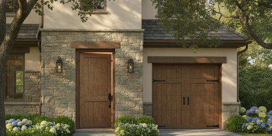A wood Dutch entry door paired with a matching overhead garage door on a home exterior