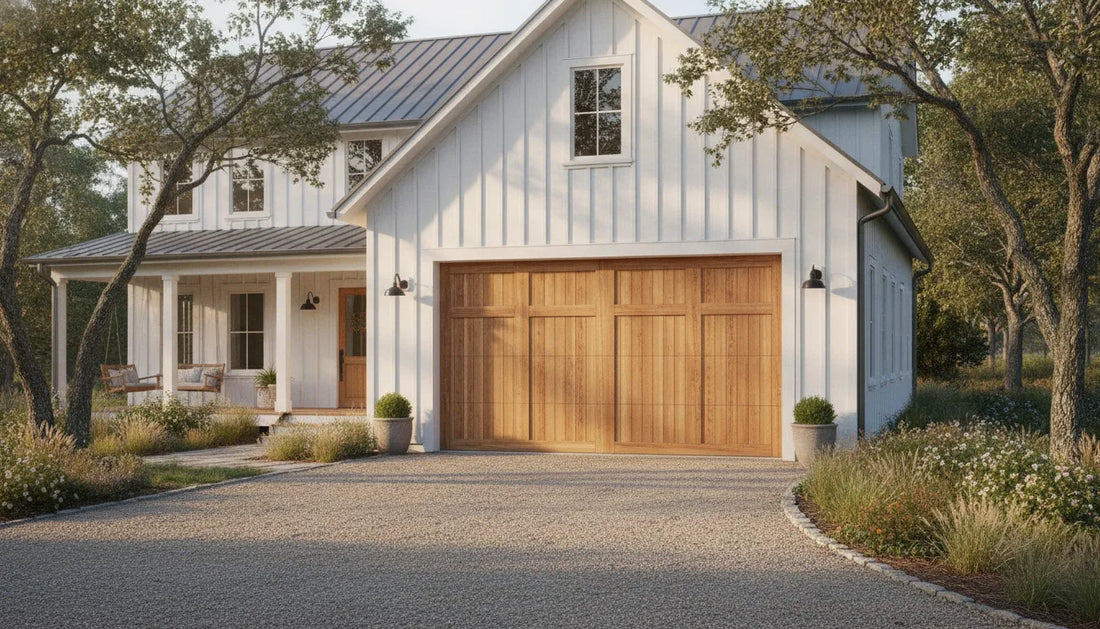 Hand-crafted cedar carriage-style garage door on a white farmhouse