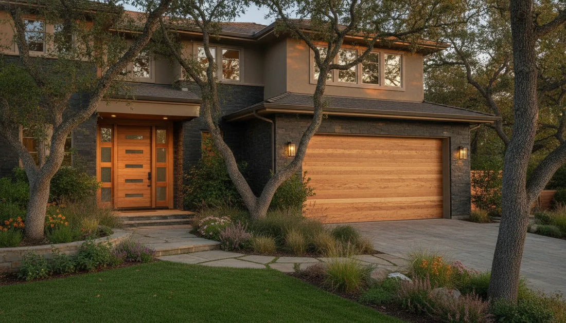 Custom wood garage door on an upscale home with a coordinated entry door