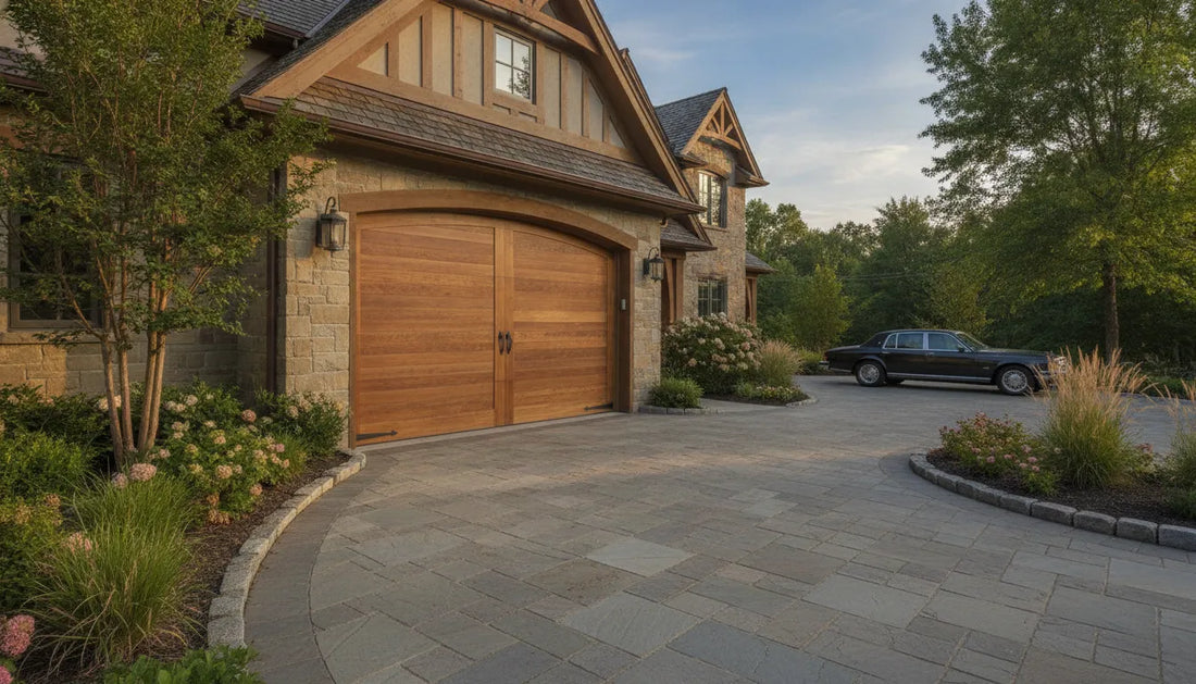 Custom wood garage door on an upscale home