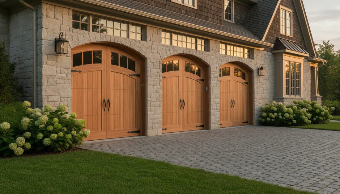 Custom wood carriage house garage door on an American home