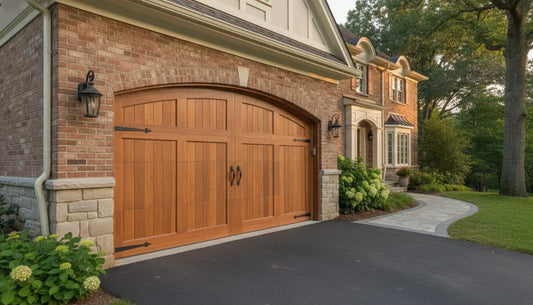 Custom wood garage door with visible cedar grain installed on a brick home