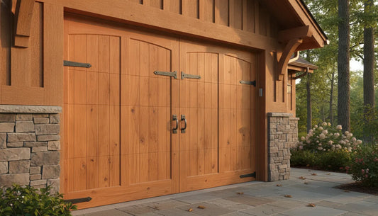 Custom knotty Western Red Cedar wood garage door with carriage house panels installed on a craftsman home