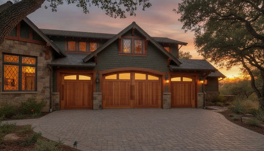 Hand-crafted custom wood garage door on a luxury craftsman home in warm light