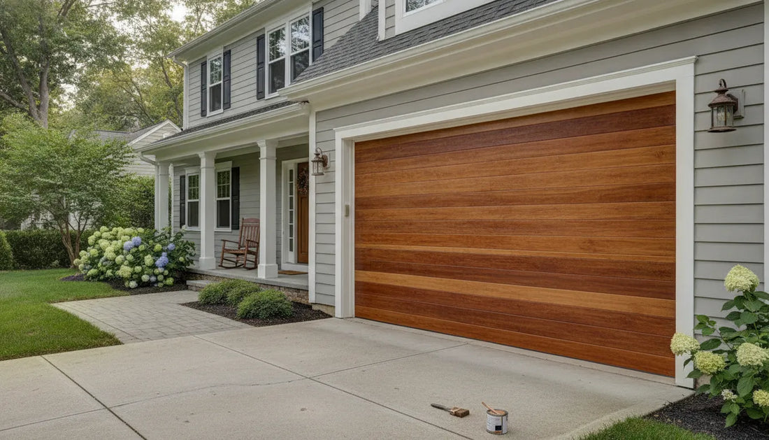 Custom wood garage door with a warm semi-transparent finish