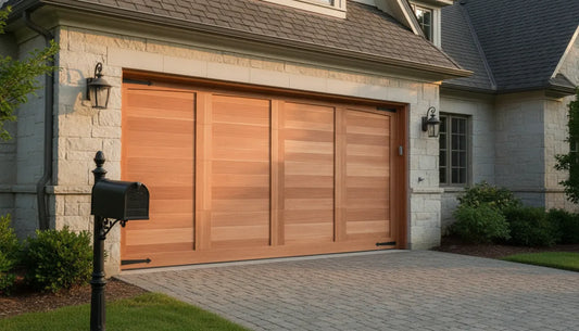 Custom cedar garage door with warm natural grain on a stone home