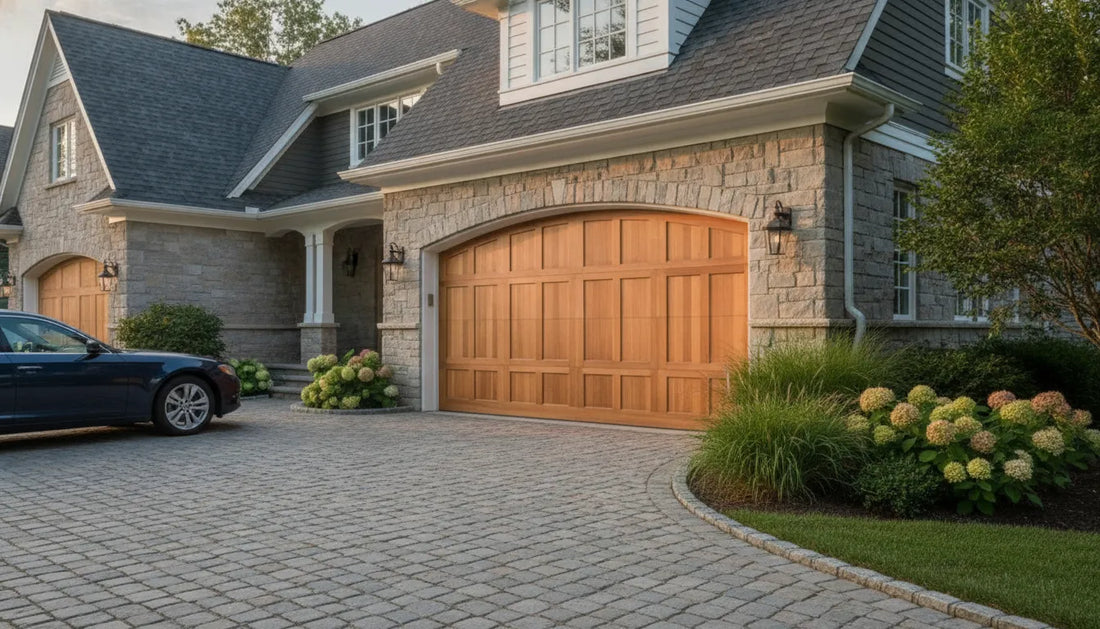 Custom wood garage door on a stone home