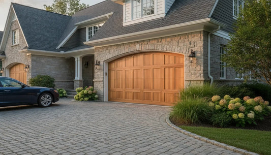 Custom wood garage door on a stone home