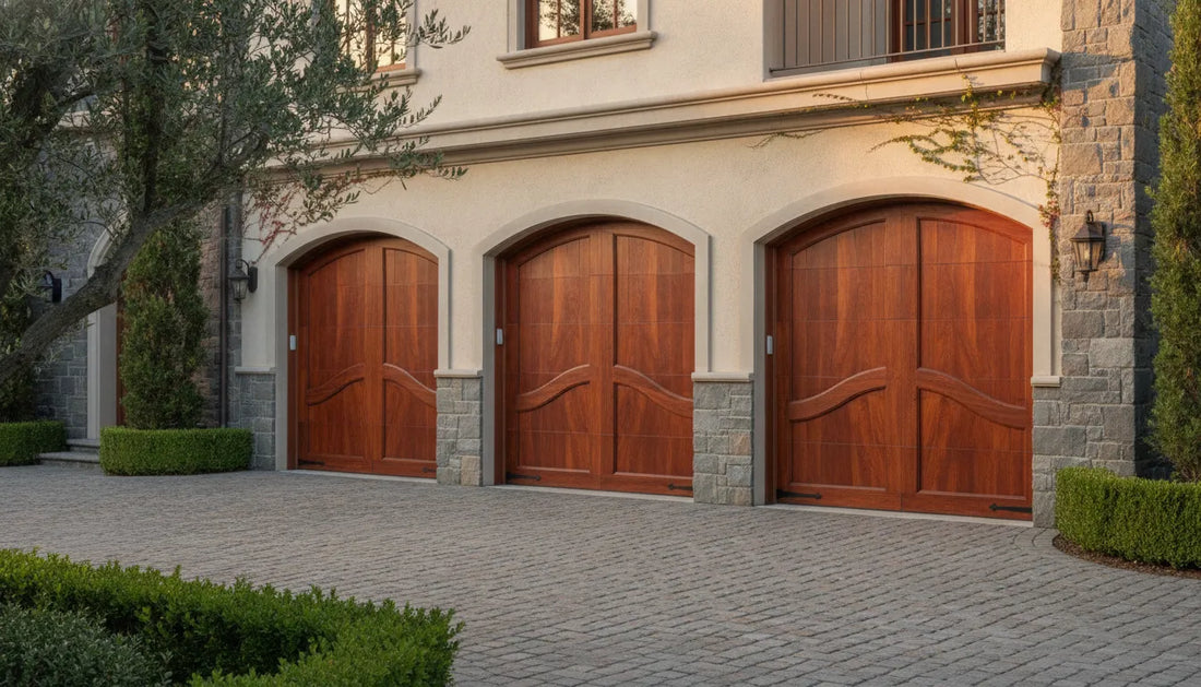 Custom mahogany garage doors on a luxury home