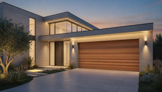 Hand-built horizontal-slat modern wood garage door on a contemporary home