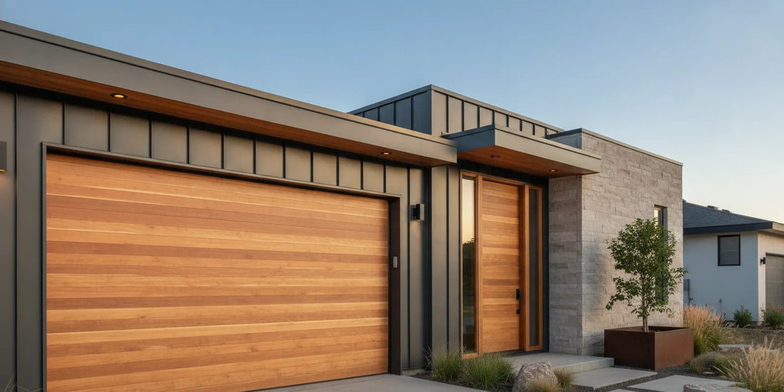 Custom wood modern overhead garage door and matching entry door on a contemporary home