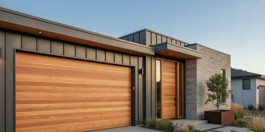 Custom wood modern overhead garage door and matching entry door on a contemporary home