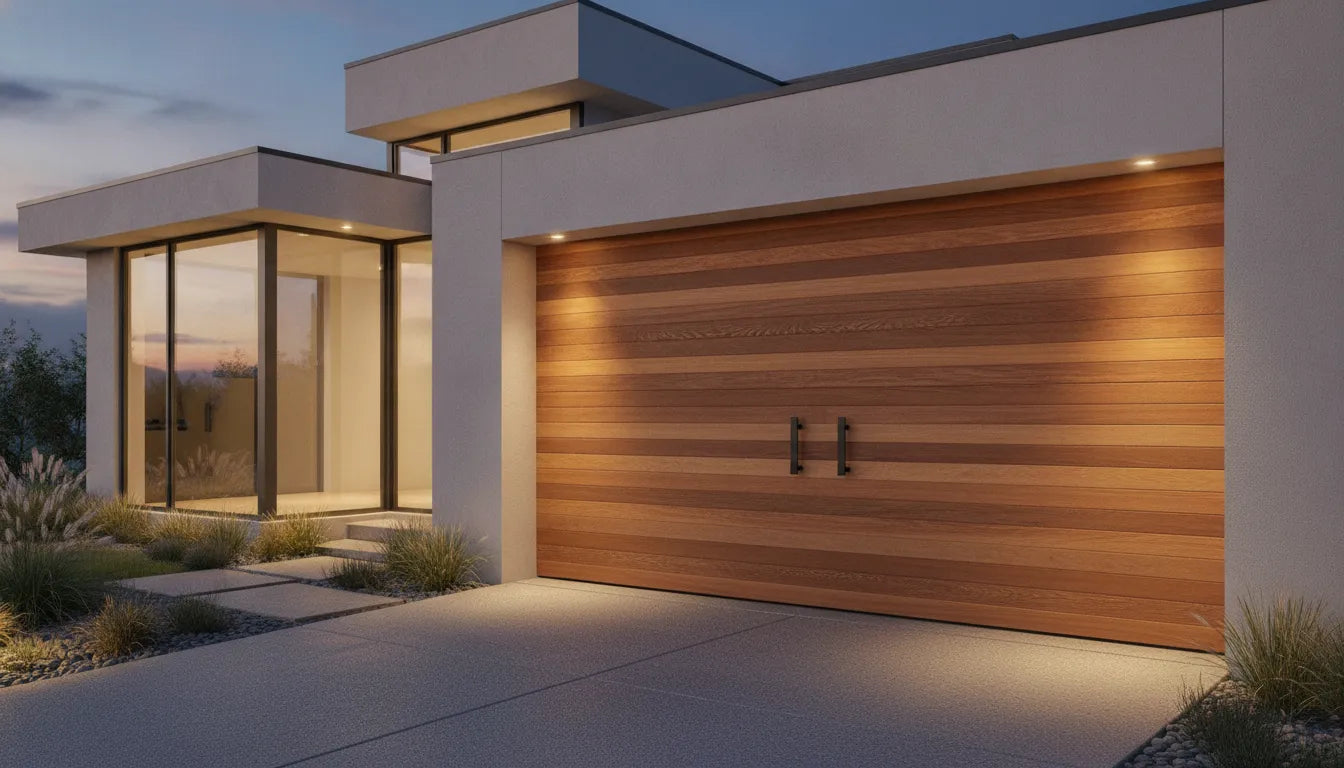 Modern wood garage door with horizontal lines and natural grain