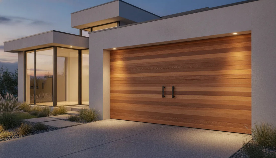 Modern home exterior with a custom wood garage door featuring clean horizontal slats