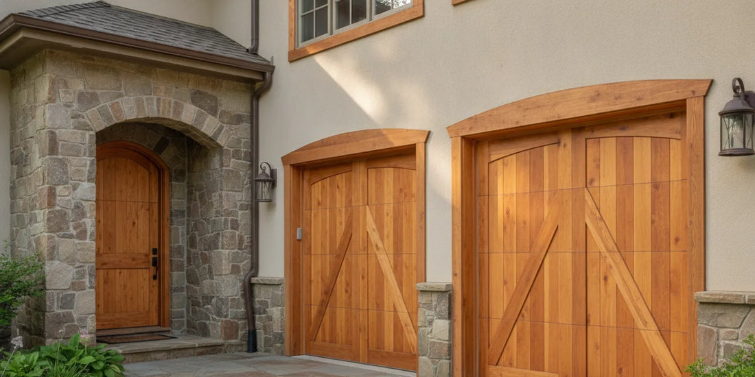 Custom natural wood overhead garage door with a transparent stain that reveals its grain, paired with a matching wood entry door.