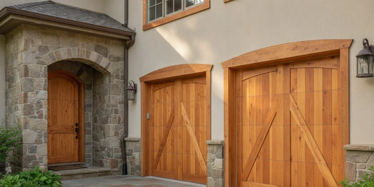 Custom natural wood overhead garage door with a transparent stain that reveals its grain, paired with a matching wood entry door.