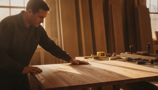 Artisan woodworker selecting a Western Red Cedar panel for a custom wooden garage door in a bright timber workshop