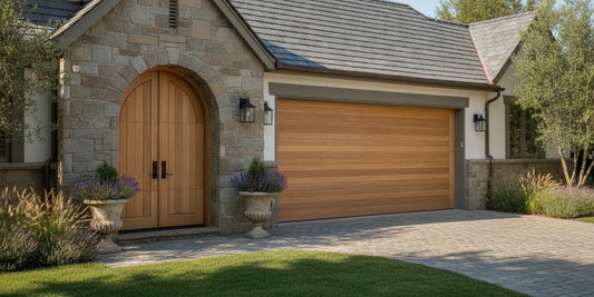 A custom wood overhead garage door paired with a matching swing-out entry door on a finished home