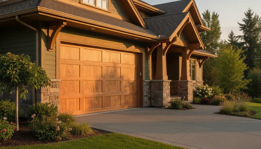 Custom Western Red Cedar garage door on a craftsman home