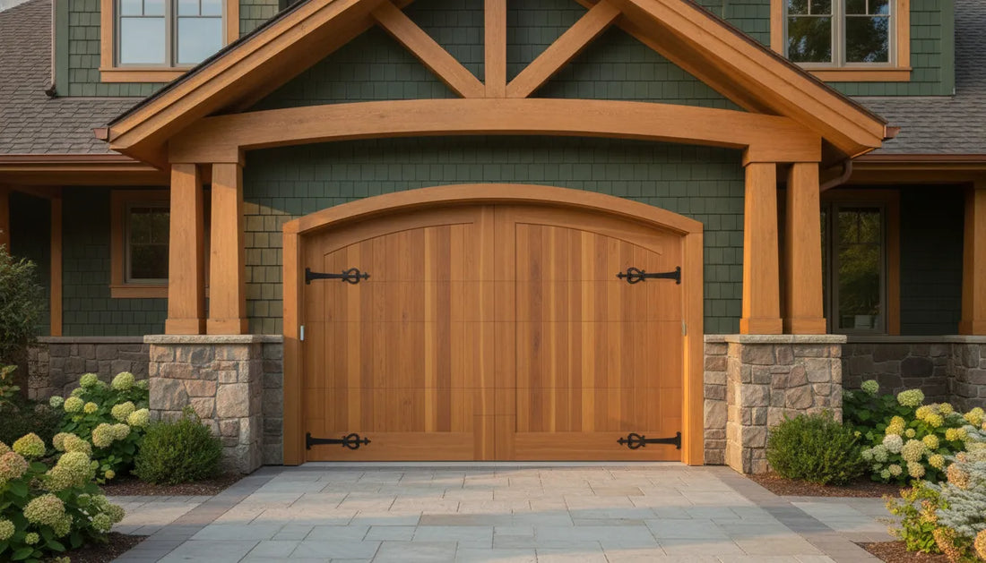 Custom wooden carriage house garage door on a craftsman-style home