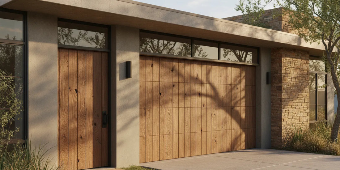 Custom wood garage door beside a matching entry door on a traditional home