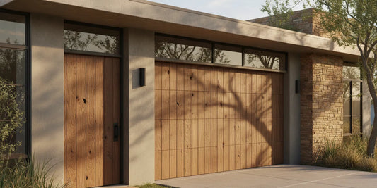 Custom wood garage door beside a matching entry door on a traditional home