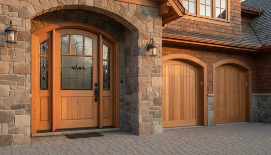 A custom wood entry door with an arched top rail beside a matching wood garage door on a finished home