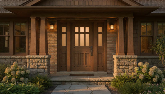 A hand-built custom wood front entry door with natural grain and warm finish