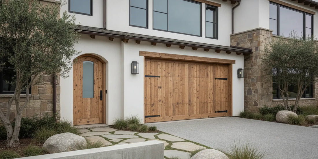 Custom wood garage and matching entry door on a coastal-style home