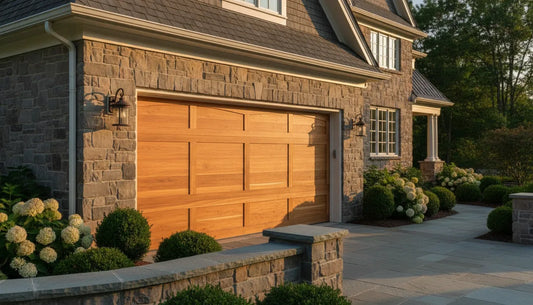 Custom wood garage door with natural grain on a stone home