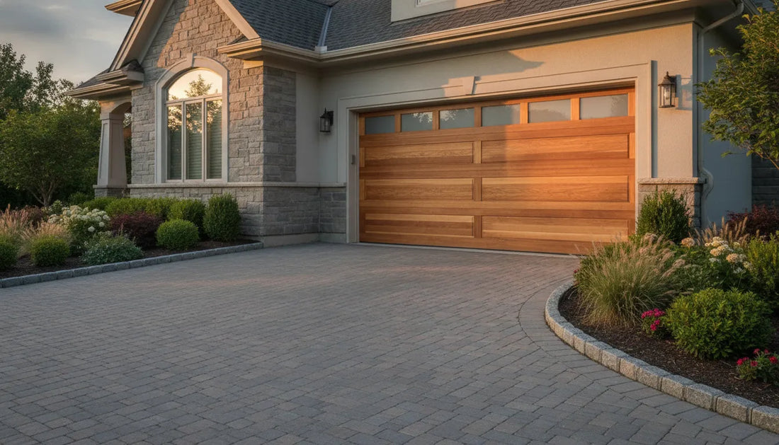 Custom wood garage door on a luxury home