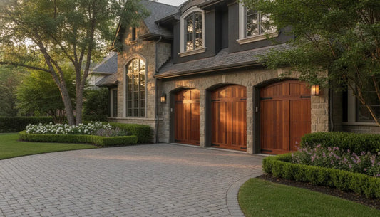 Hand-built cedar wooden garage door on an upscale home